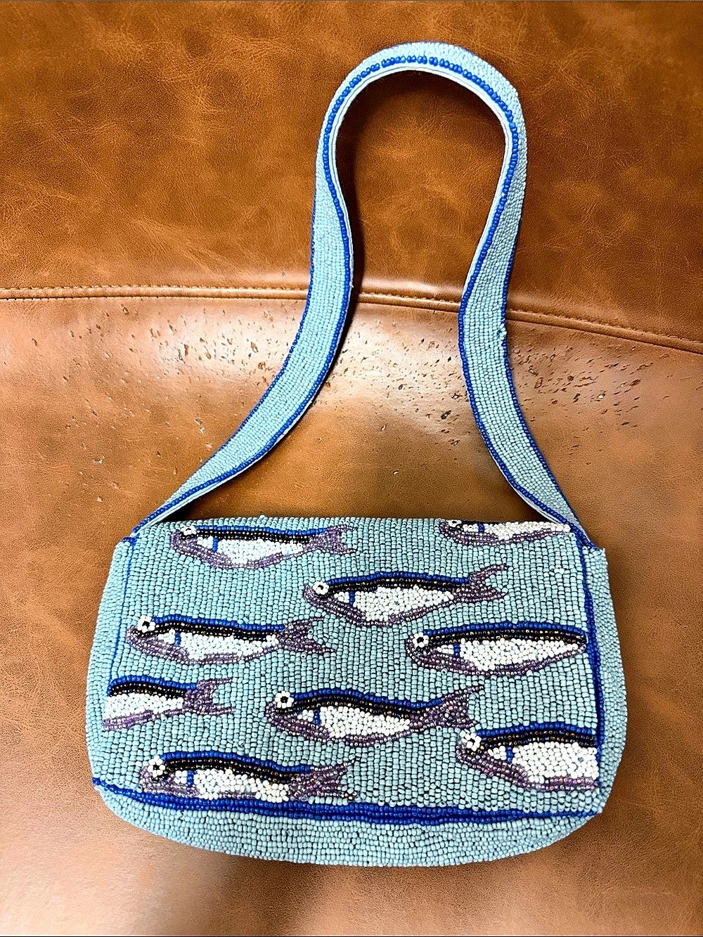 Beaded Shoulder Bag in Blue & White Sardines